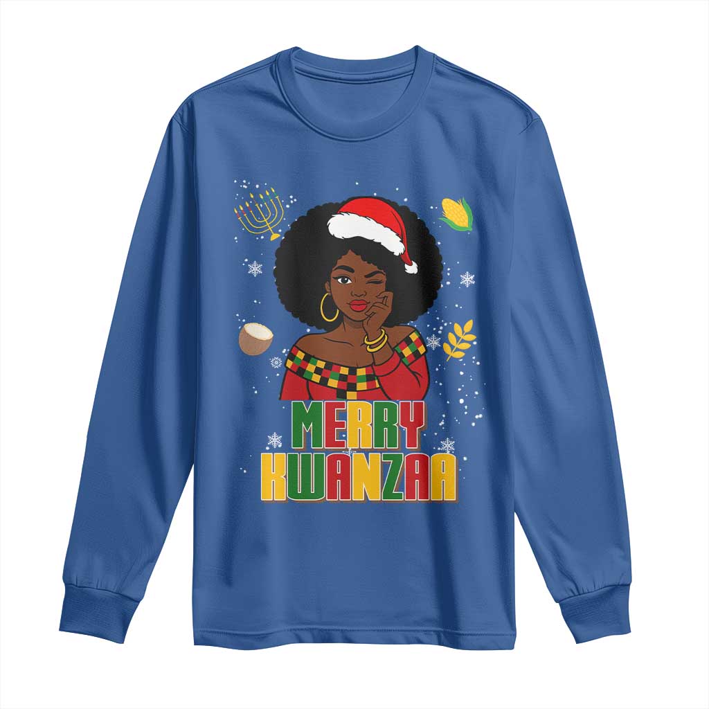 Merry Kwanzaa African American Girl Santa Hat Long Sleeve Shirt Christmas Gift - Wonder Print Shop