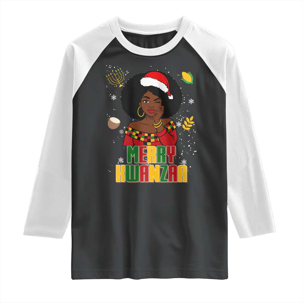 Merry Kwanzaa African American Girl Santa Hat Raglan Shirt Christmas Gift - Wonder Print Shop