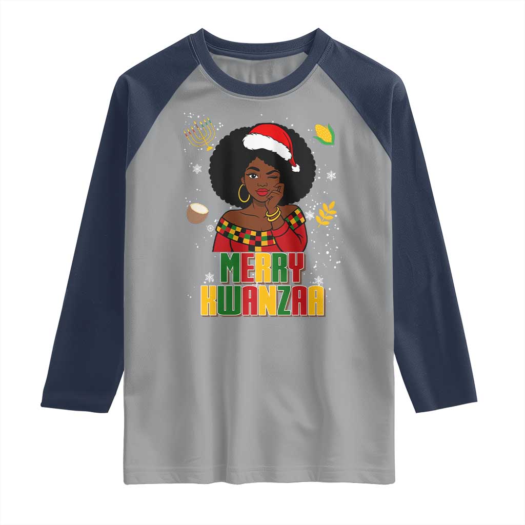 Merry Kwanzaa African American Girl Santa Hat Raglan Shirt Christmas Gift - Wonder Print Shop