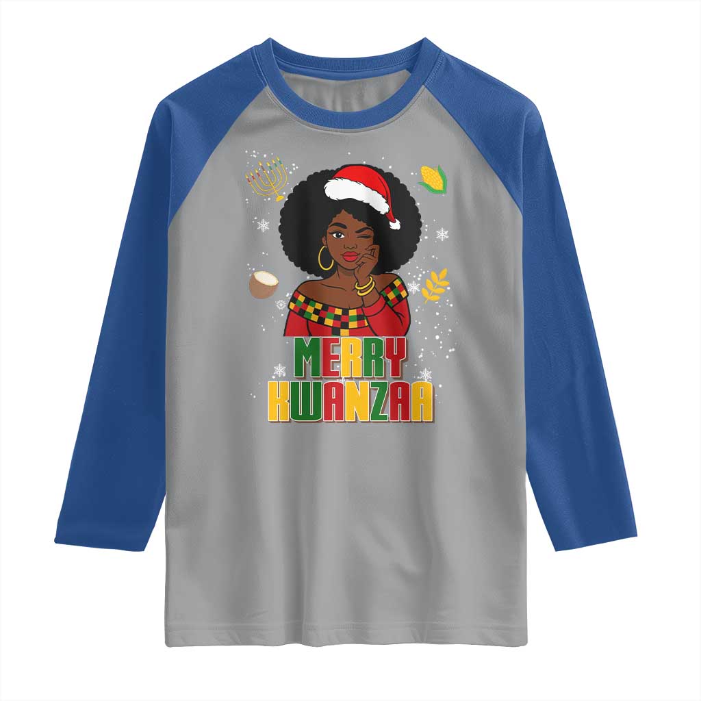 Merry Kwanzaa African American Girl Santa Hat Raglan Shirt Christmas Gift - Wonder Print Shop