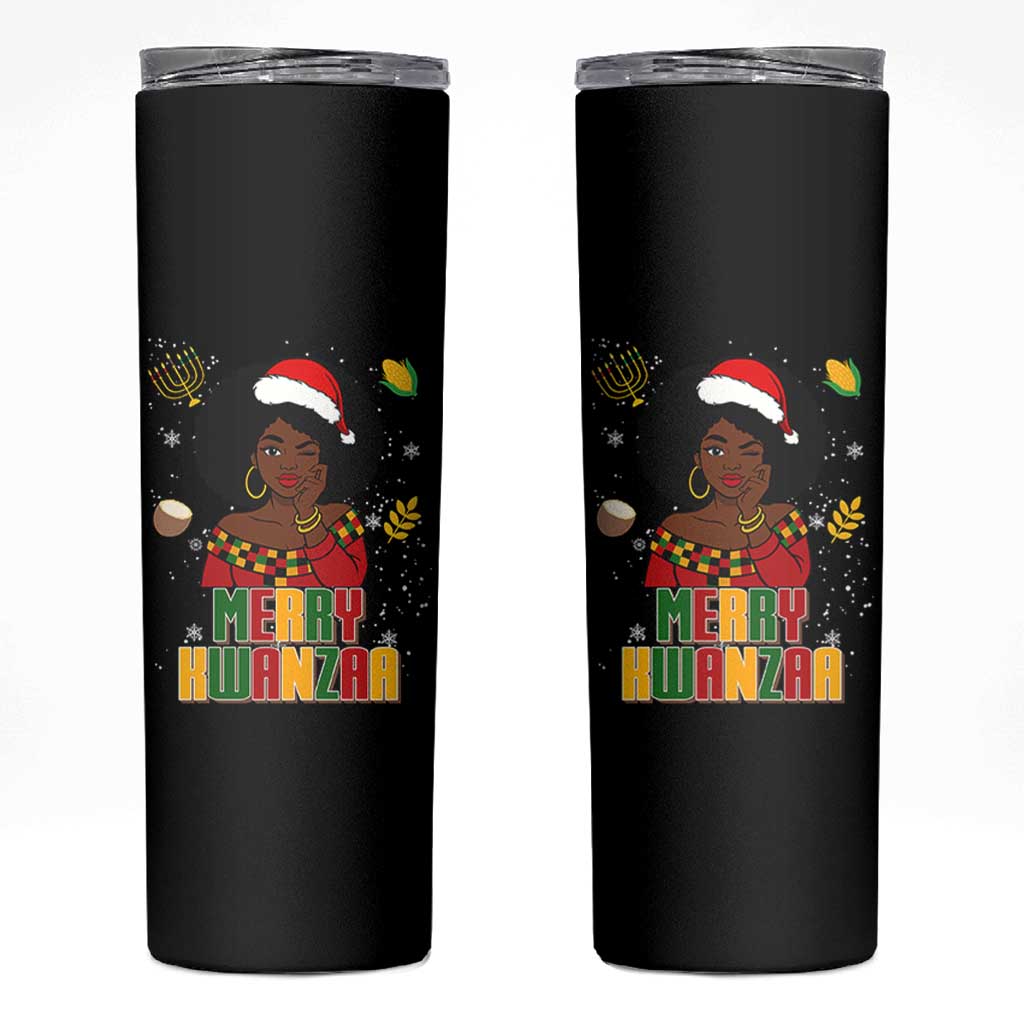 Merry Kwanzaa African American Girl Santa Hat Skinny Tumbler Christmas Gift - Wonder Print Shop