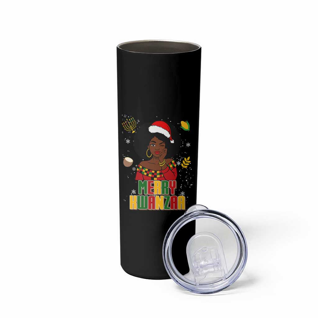 Merry Kwanzaa African American Girl Santa Hat Skinny Tumbler Christmas Gift - Wonder Print Shop