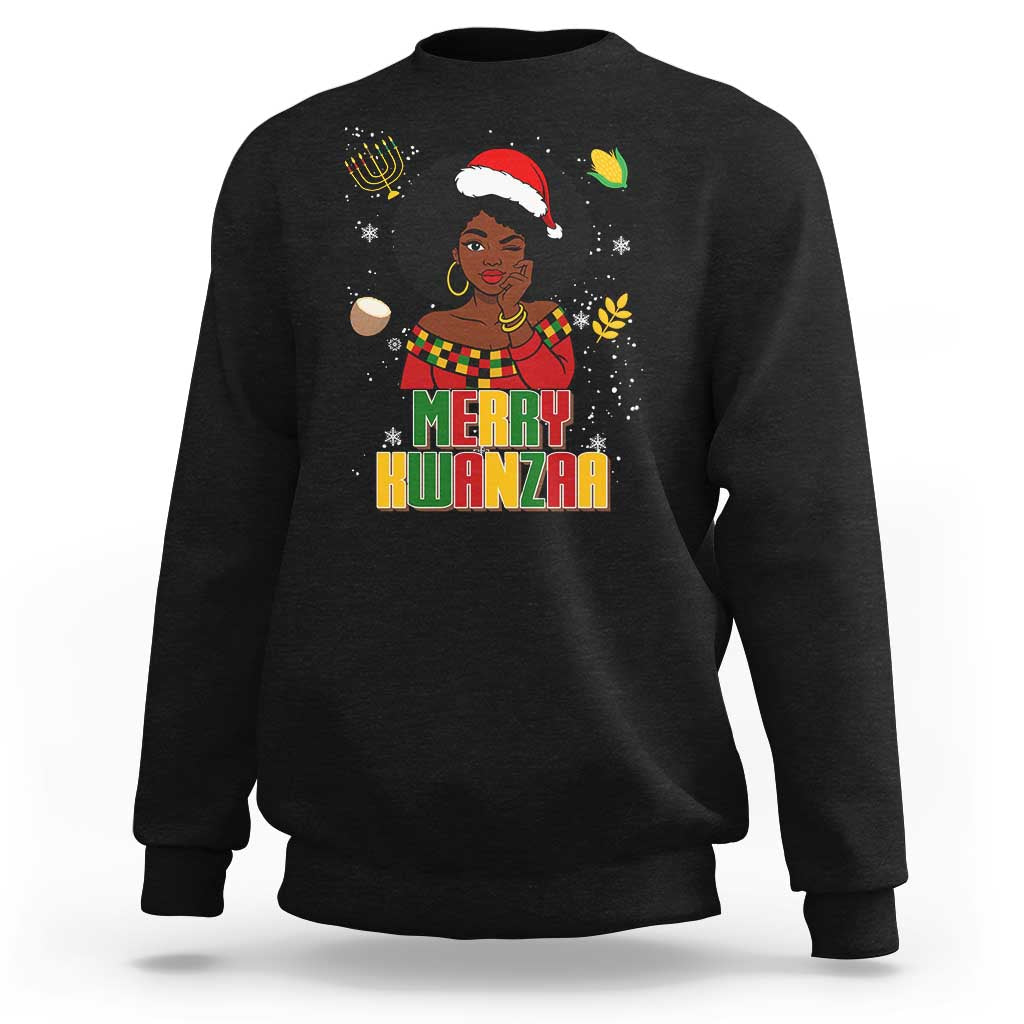 Merry Kwanzaa African American Girl Santa Hat Sweatshirt Christmas Gift - Wonder Print Shop