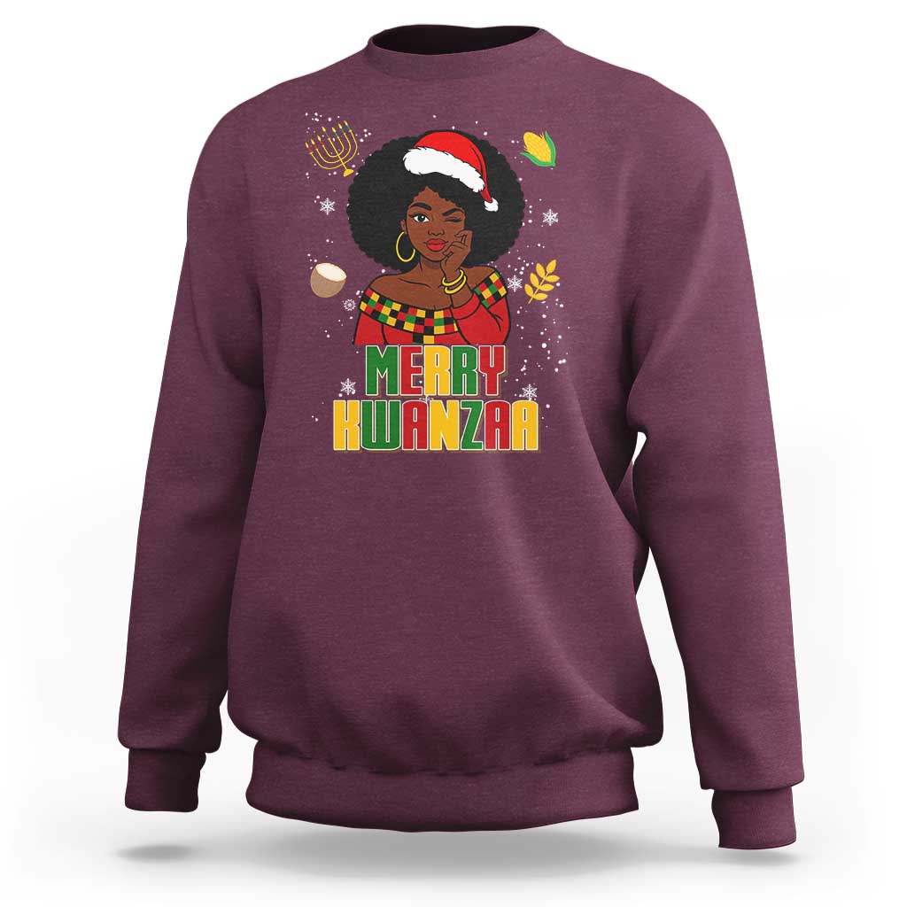 Merry Kwanzaa African American Girl Santa Hat Sweatshirt Christmas Gift - Wonder Print Shop