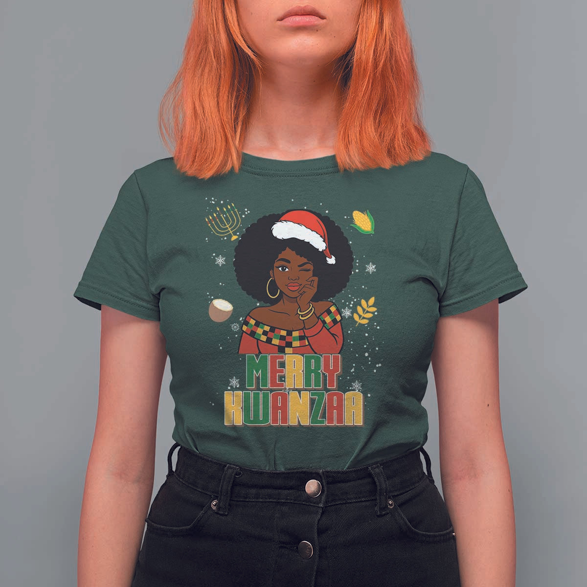 Merry Kwanzaa African American Girl Santa Hat T Shirt For Women Christmas Gift - Wonder Print Shop