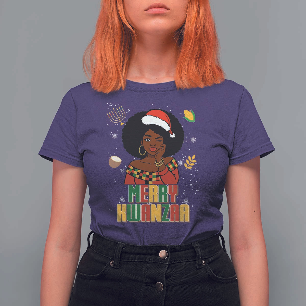 Merry Kwanzaa African American Girl Santa Hat T Shirt For Women Christmas Gift - Wonder Print Shop