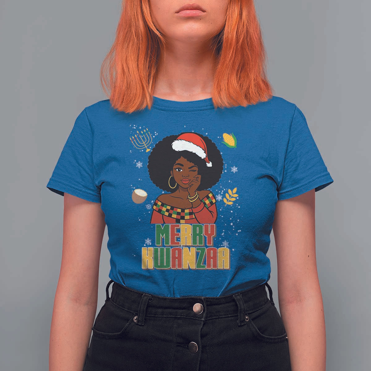 Merry Kwanzaa African American Girl Santa Hat T Shirt For Women Christmas Gift - Wonder Print Shop