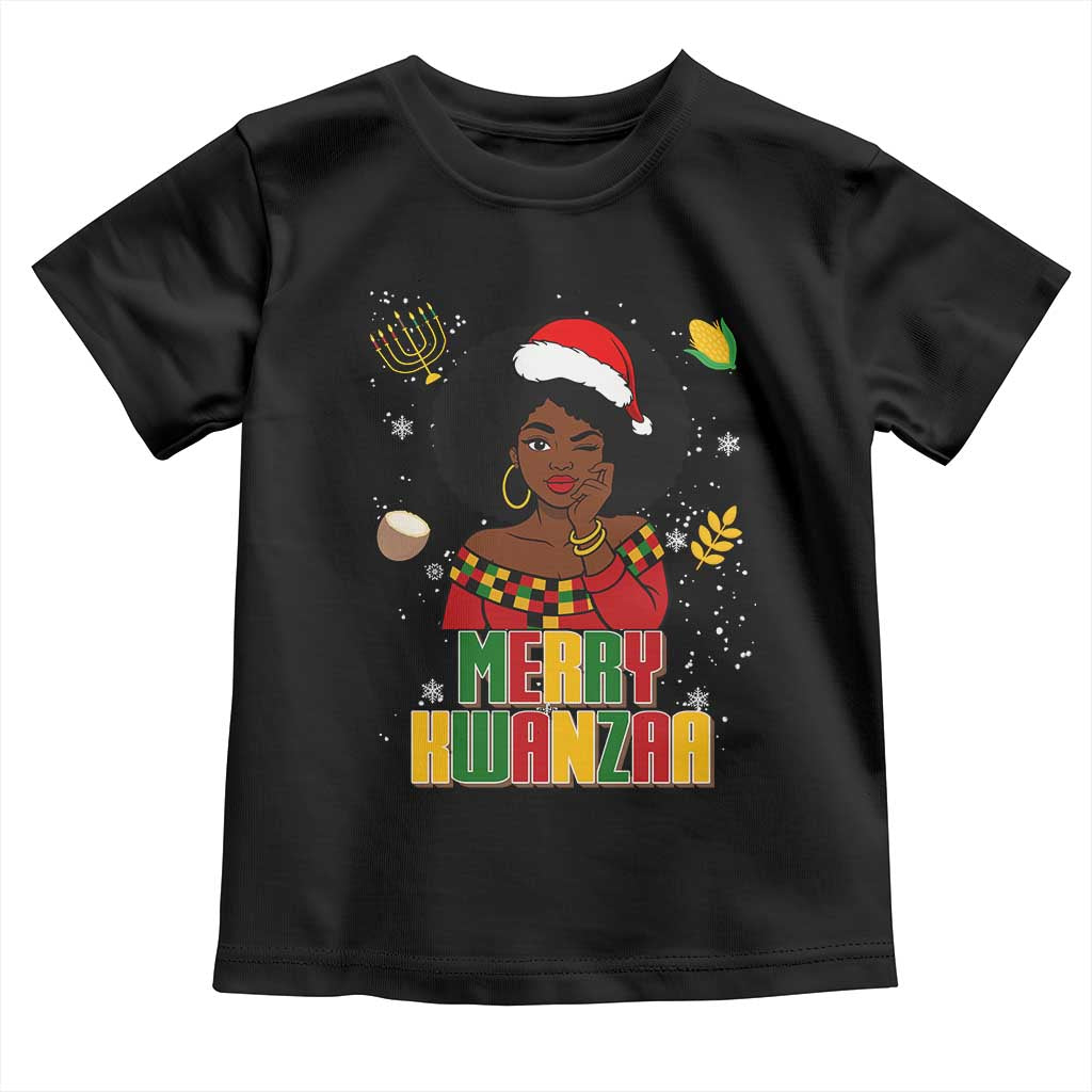 Merry Kwanzaa African American Girl Santa Hat Toddler T Shirt Christmas Gift - Wonder Print Shop