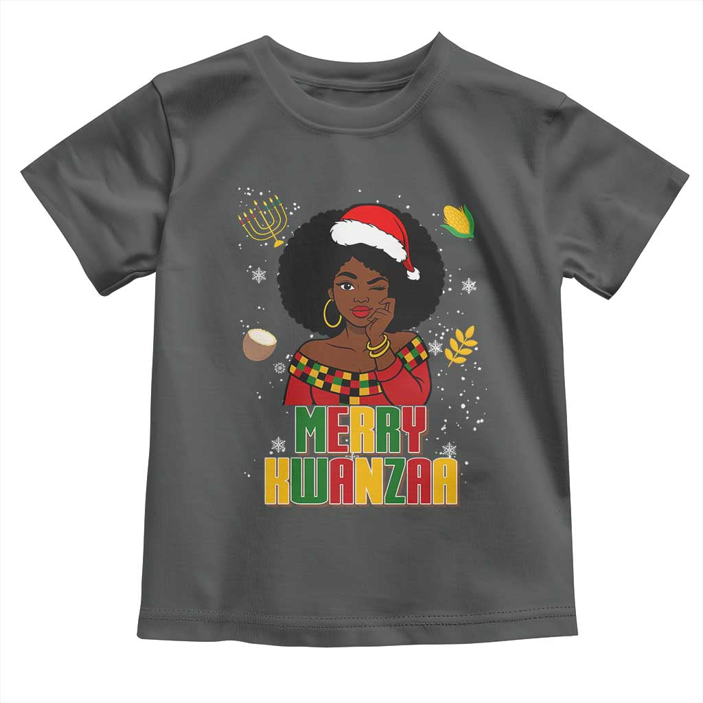 Merry Kwanzaa African American Girl Santa Hat Toddler T Shirt Christmas Gift - Wonder Print Shop