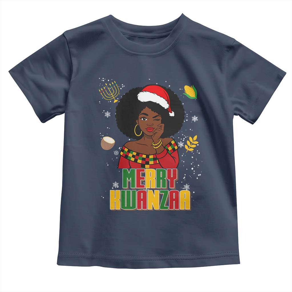 Merry Kwanzaa African American Girl Santa Hat Toddler T Shirt Christmas Gift - Wonder Print Shop