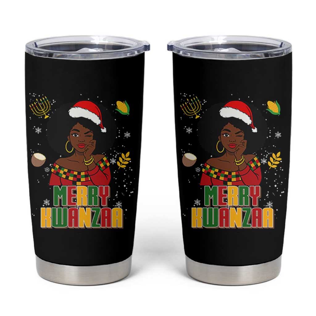 Merry Kwanzaa African American Girl Santa Hat Tumbler Cup Christmas Gift - Wonder Print Shop