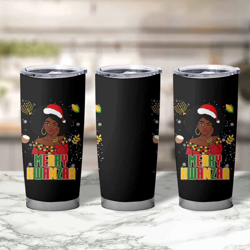 Merry Kwanzaa African American Girl Santa Hat Tumbler Cup Christmas Gift - Wonder Print Shop