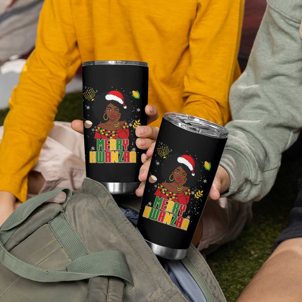 Merry Kwanzaa African American Girl Santa Hat Tumbler Cup Christmas Gift - Wonder Print Shop