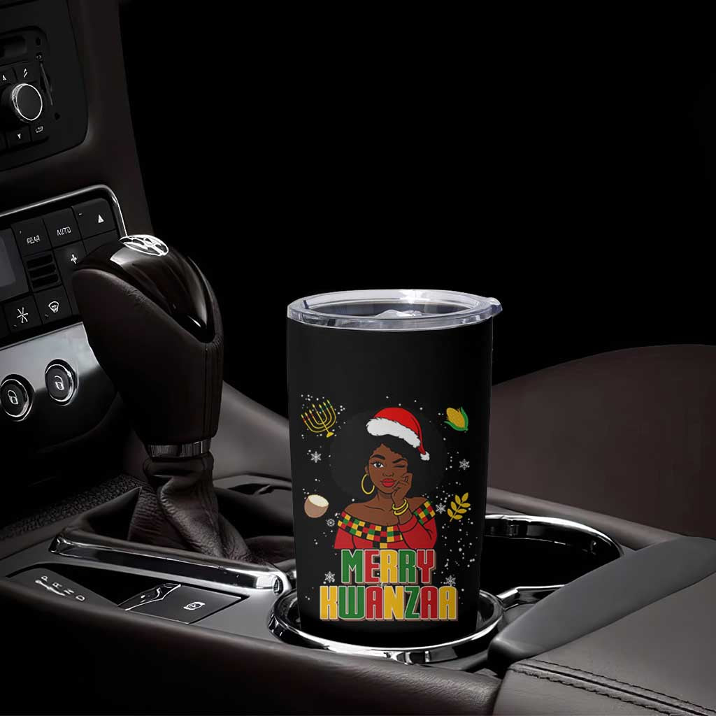 Merry Kwanzaa African American Girl Santa Hat Tumbler Cup Christmas Gift - Wonder Print Shop