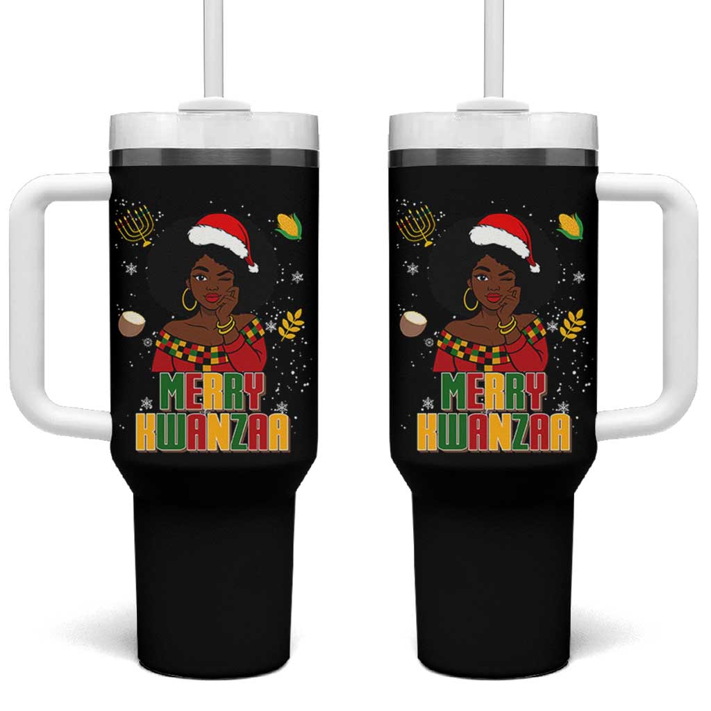 Merry Kwanzaa African American Girl Santa Hat Tumbler With Handle Christmas Gift - Wonder Print Shop