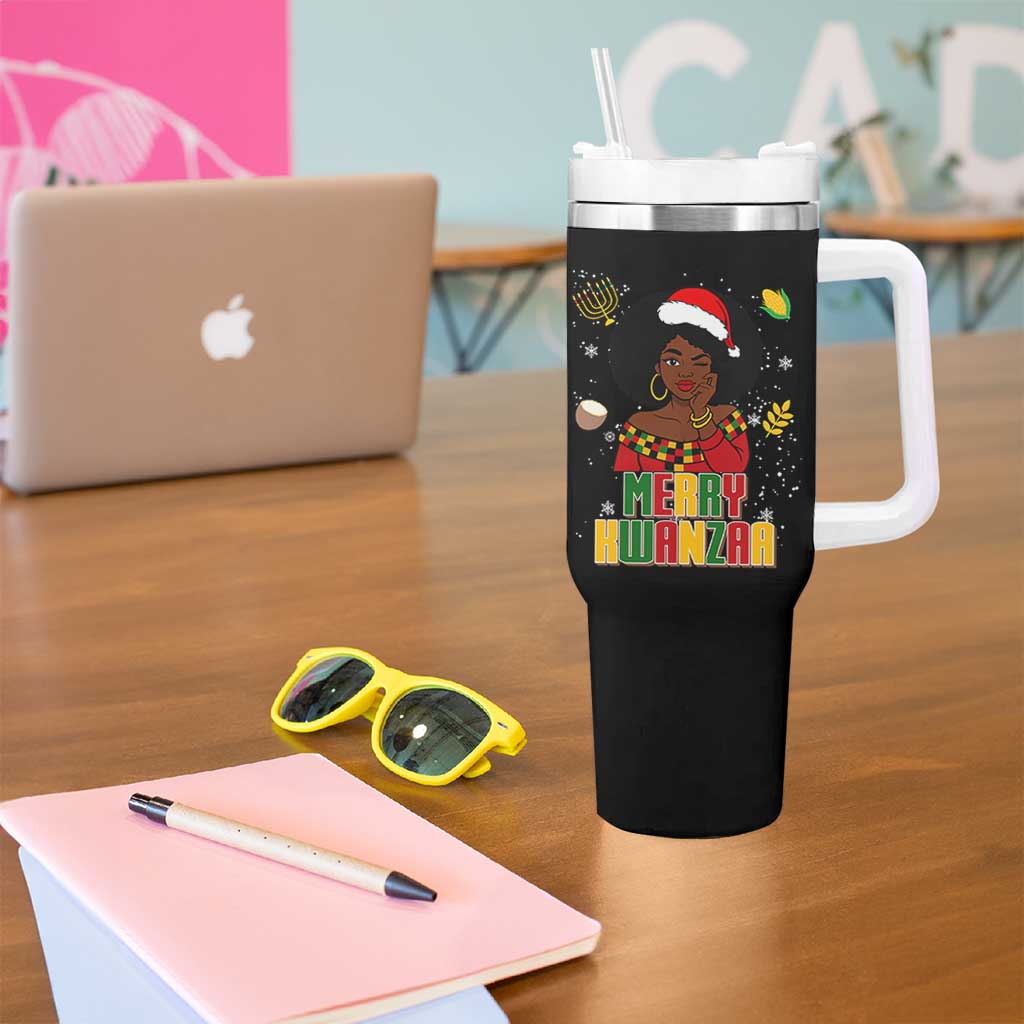 Merry Kwanzaa African American Girl Santa Hat Tumbler With Handle Christmas Gift - Wonder Print Shop