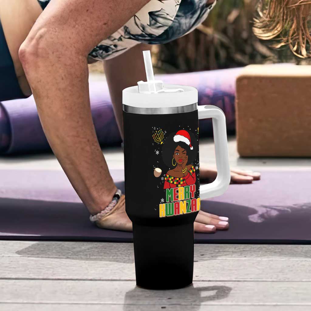 Merry Kwanzaa African American Girl Santa Hat Tumbler With Handle Christmas Gift - Wonder Print Shop