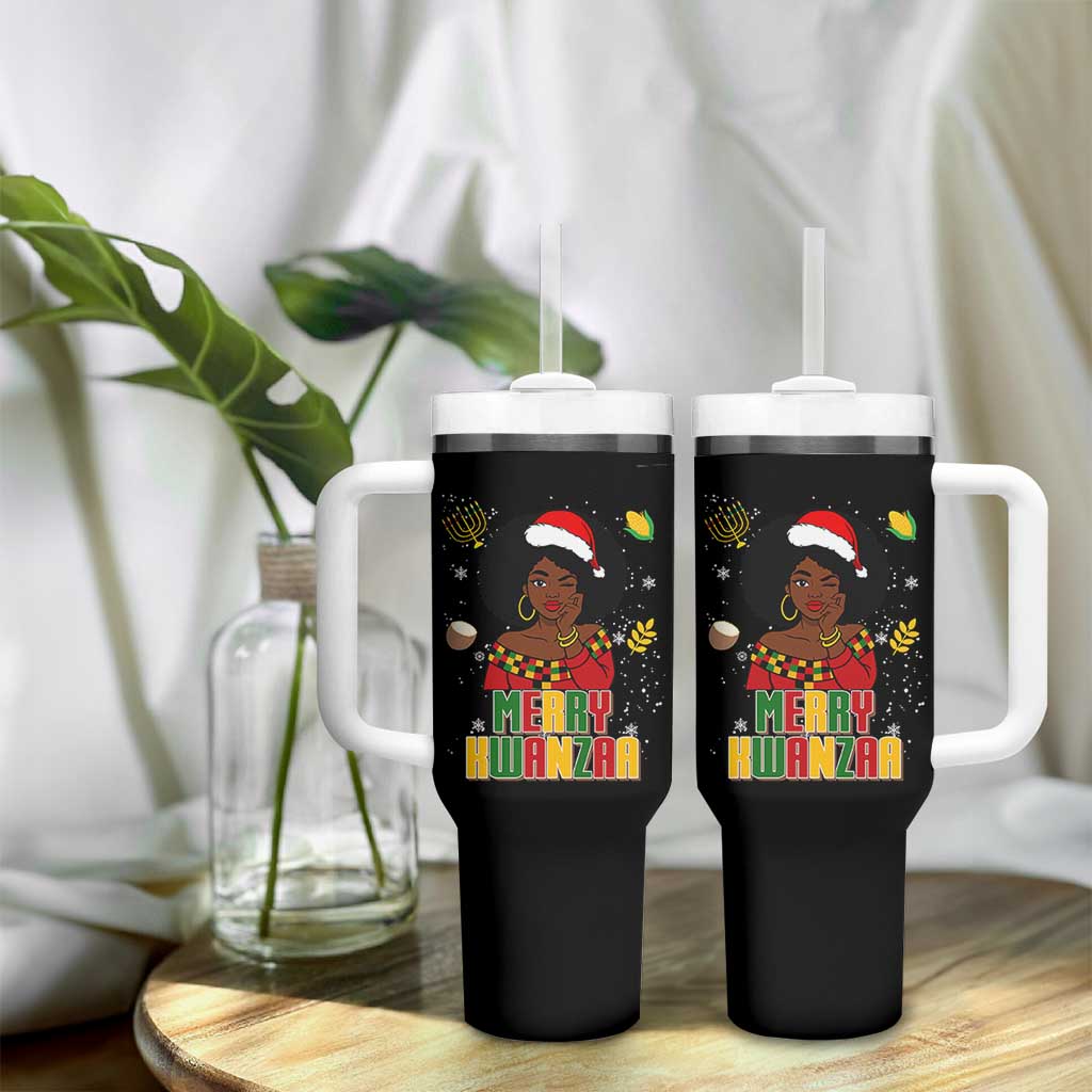 Merry Kwanzaa African American Girl Santa Hat Tumbler With Handle Christmas Gift - Wonder Print Shop