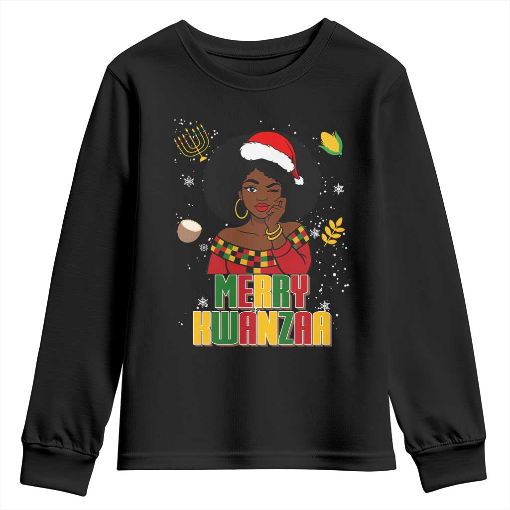 Merry Kwanzaa African American Girl Santa Hat Youth Sweatshirt Christmas Gift - Wonder Print Shop