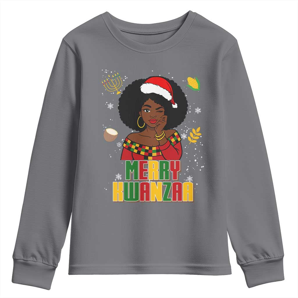 Merry Kwanzaa African American Girl Santa Hat Youth Sweatshirt Christmas Gift - Wonder Print Shop