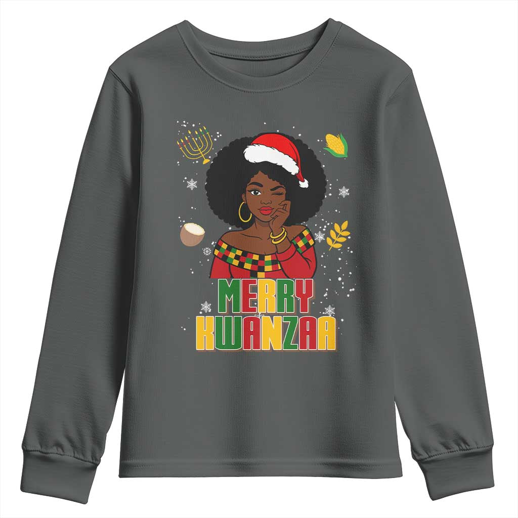 Merry Kwanzaa African American Girl Santa Hat Youth Sweatshirt Christmas Gift - Wonder Print Shop