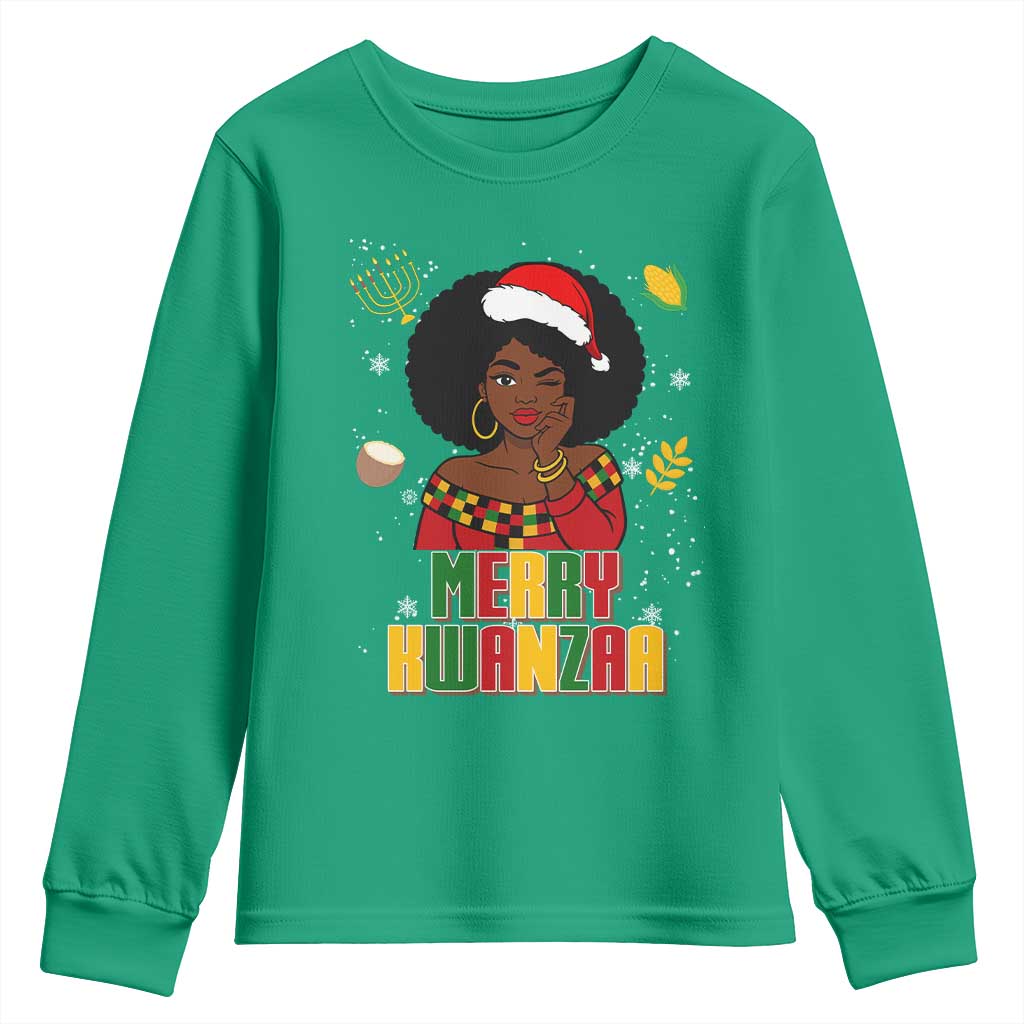 Merry Kwanzaa African American Girl Santa Hat Youth Sweatshirt Christmas Gift - Wonder Print Shop