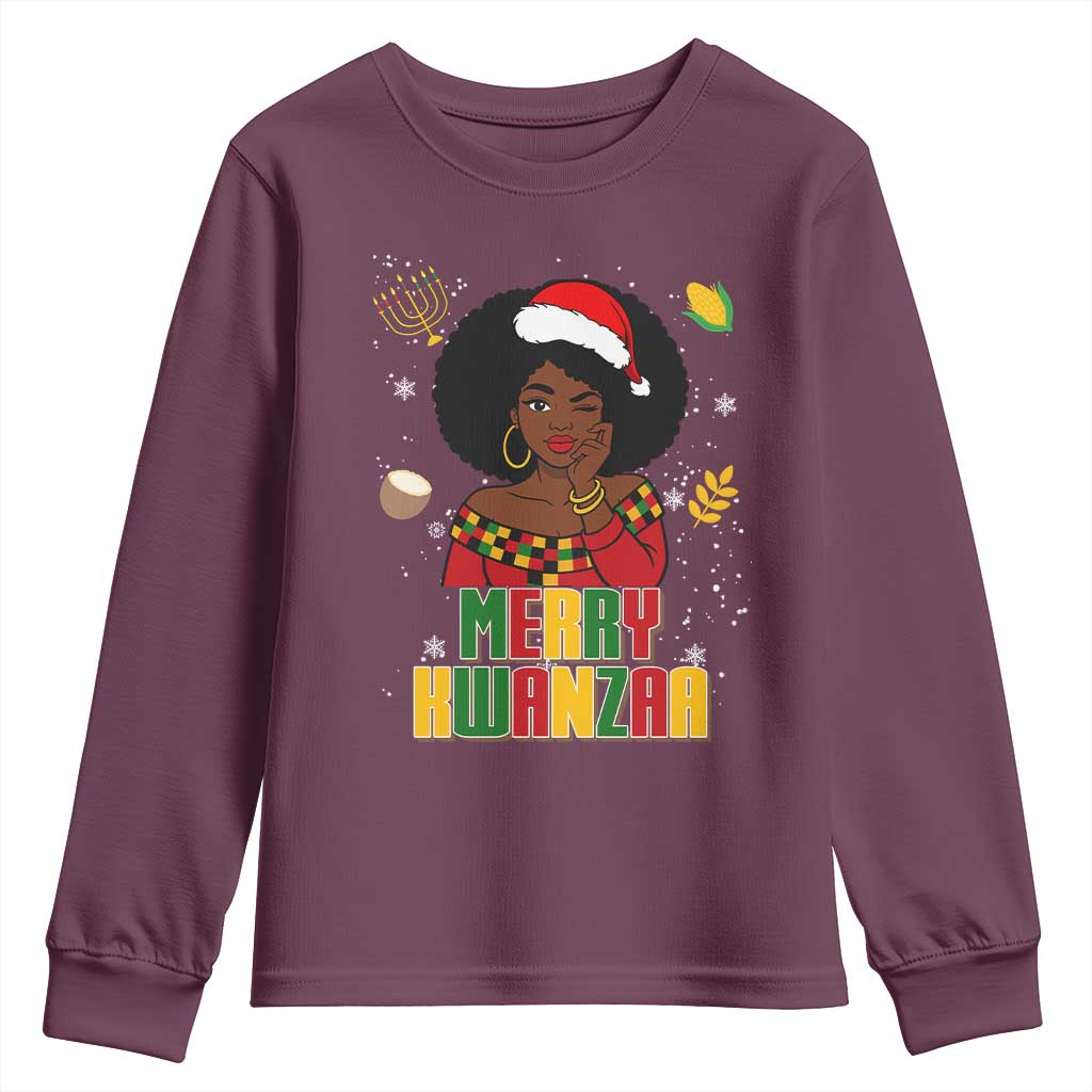 Merry Kwanzaa African American Girl Santa Hat Youth Sweatshirt Christmas Gift - Wonder Print Shop