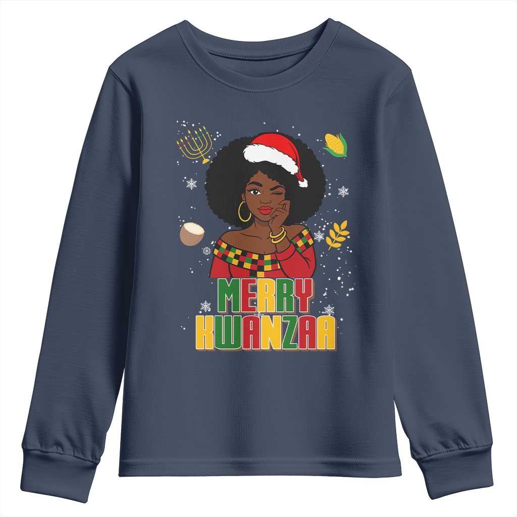 Merry Kwanzaa African American Girl Santa Hat Youth Sweatshirt Christmas Gift - Wonder Print Shop