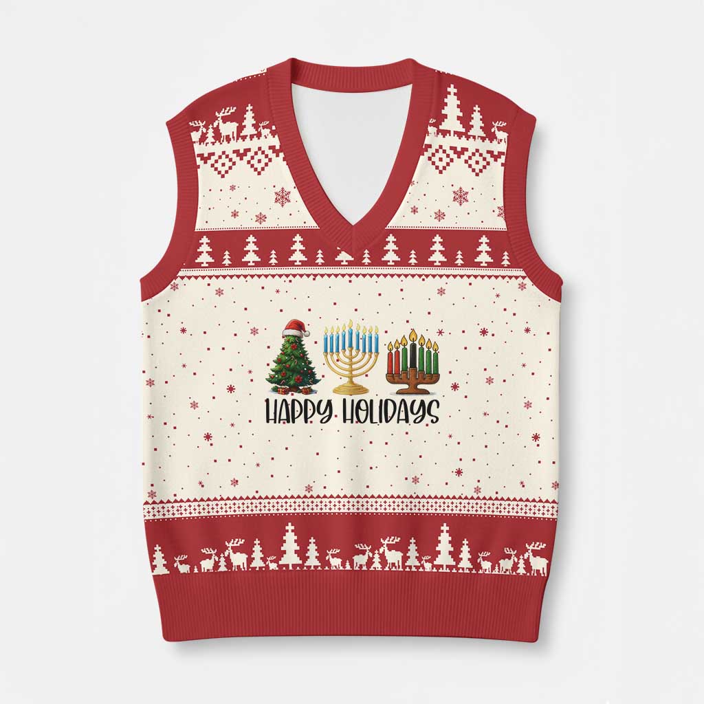 Xmas Hanukkah Kwanzaa Celebration Gift V-Neck Knit Sweater Vest Happy Holidays - Wonder Print Shop