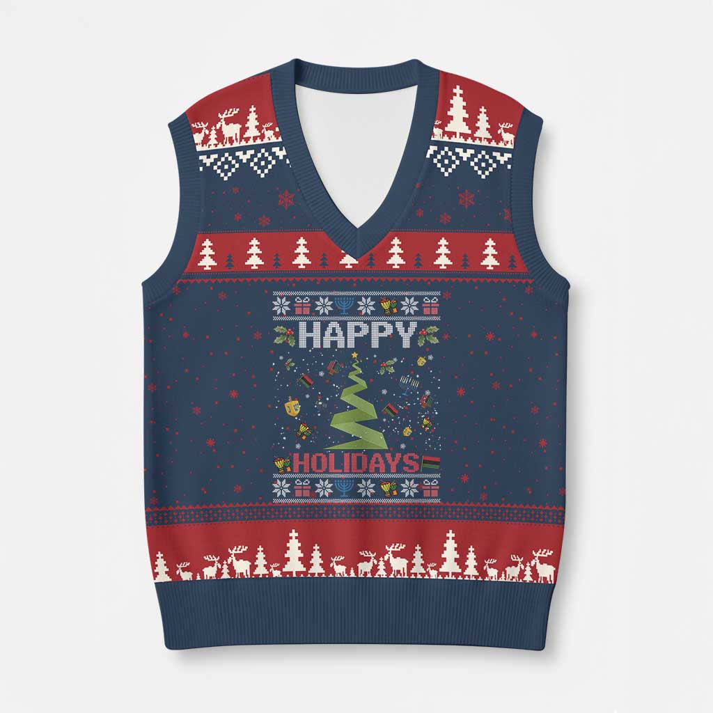 Happy Holidays For All Christmas Hanukkah Kwanzaa Gift V-Neck Knit Sweater Vest - Wonder Print Shop