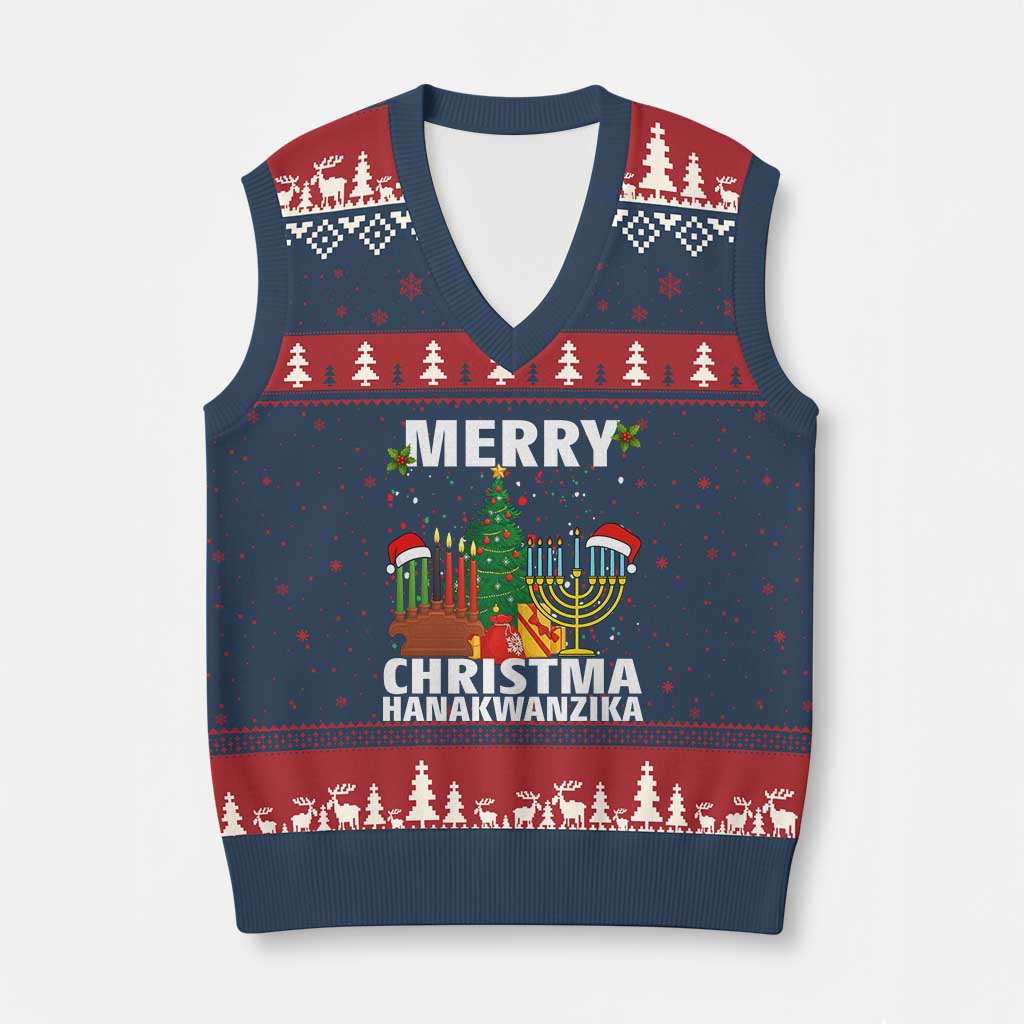 Merry Christmahanakwanzika V-Neck Knit Sweater Vest Xmas Hanukkah Kwanzaa Celebration Gift - Wonder Print Shop
