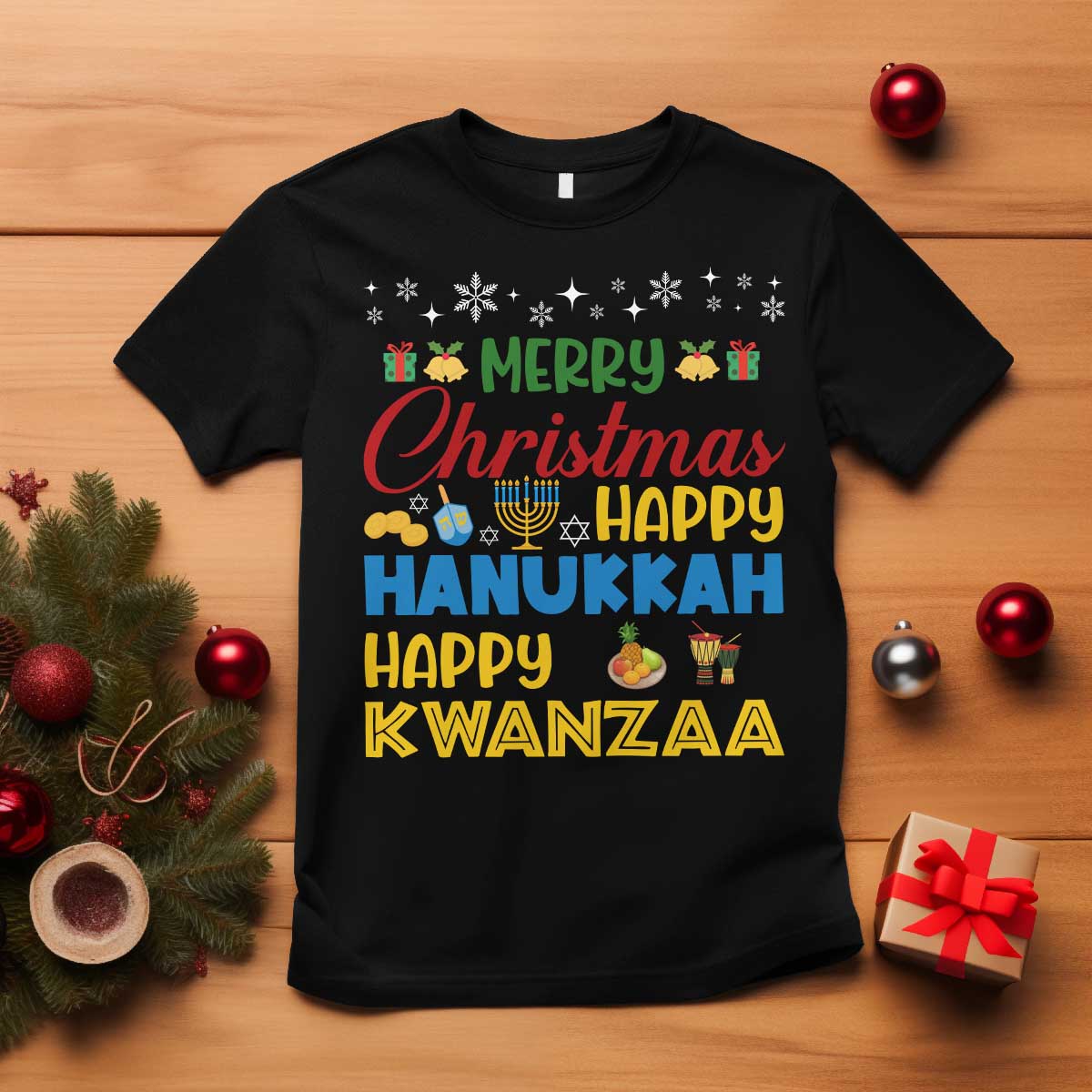 Celebrate All Holidays Merry Christmas Hanukkah Kwanzaa Gift T Shirt - Wonder Print Shop