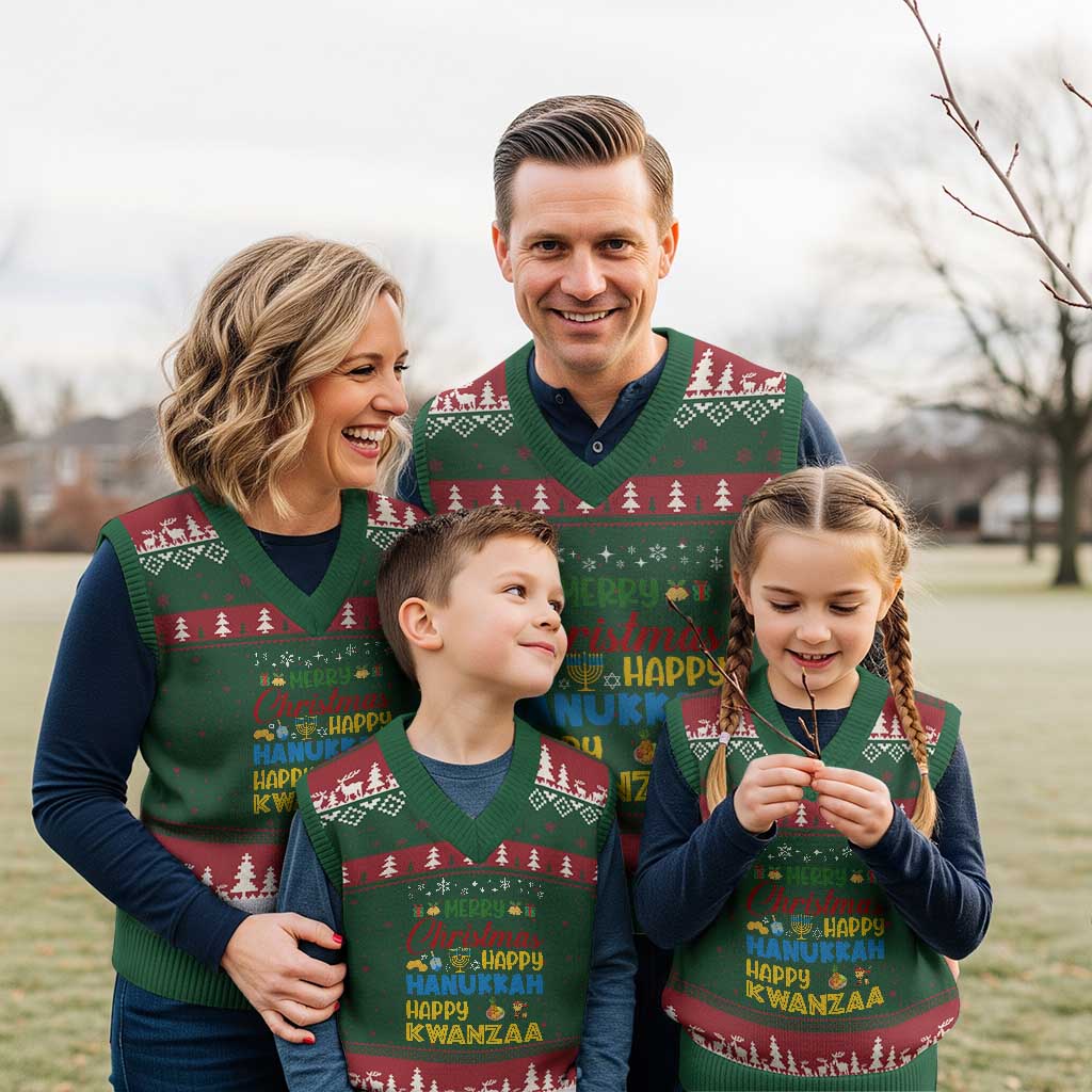 Celebrate All Holidays Merry Xmas Hanukkah Kwanzaa Gift V-Neck Knit Sweater Vest - Wonder Print Shop
