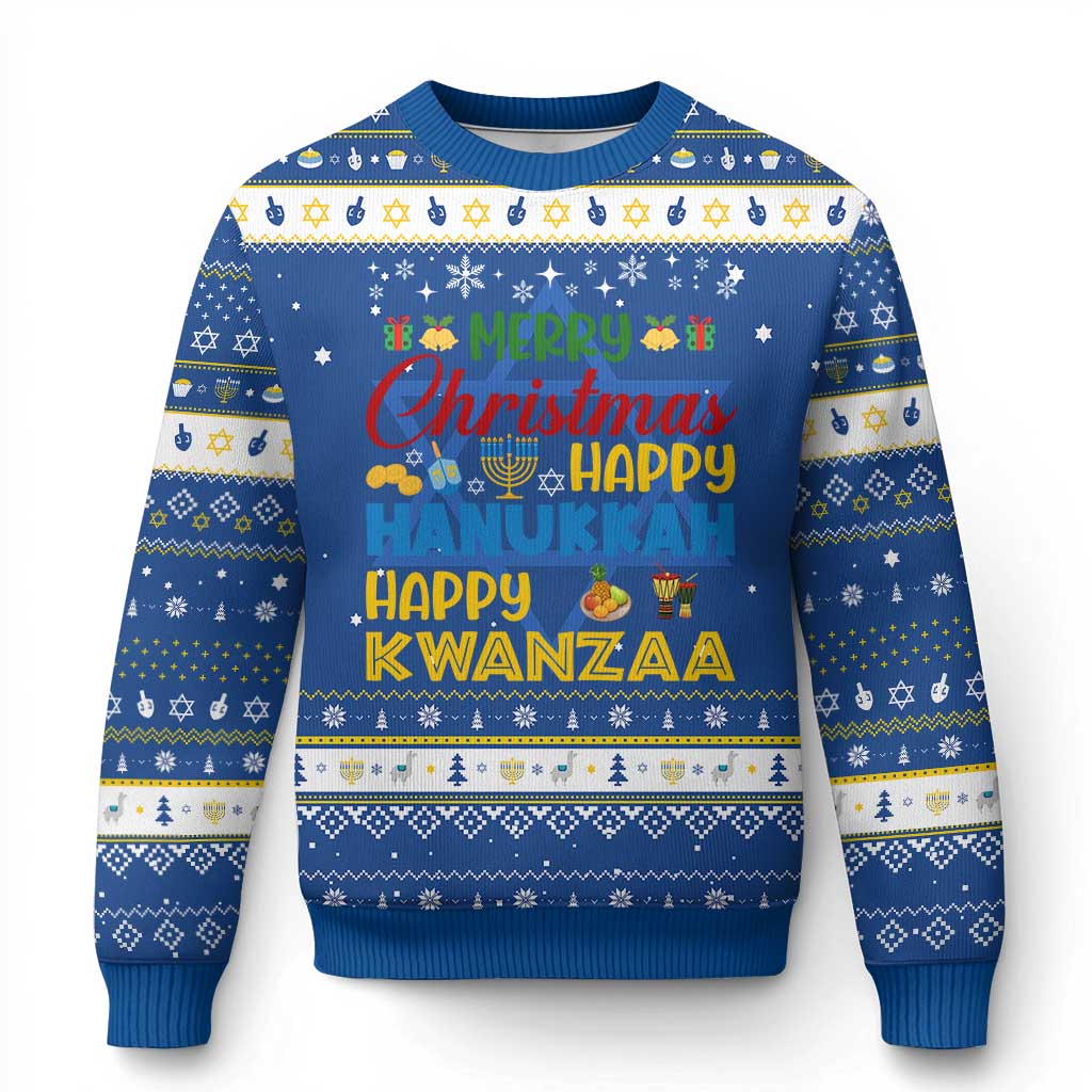 Celebrate All Holidays Merry Christmas Chanukkah Kwanzaa Gift Hanukkah Ugly Sweater - Wonder Print Shop