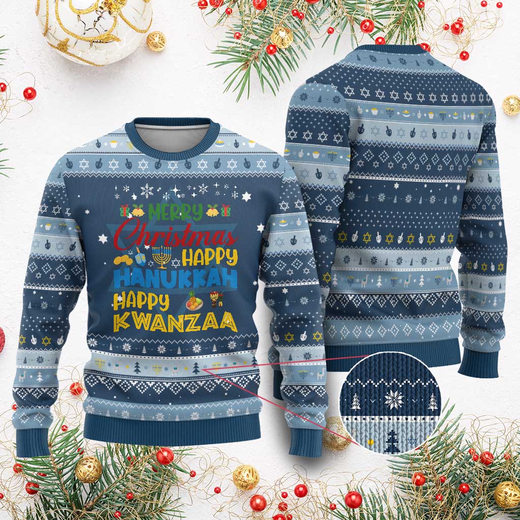 Celebrate All Holidays Merry Christmas Chanukkah Kwanzaa Gift Hanukkah Ugly Sweater - Wonder Print Shop
