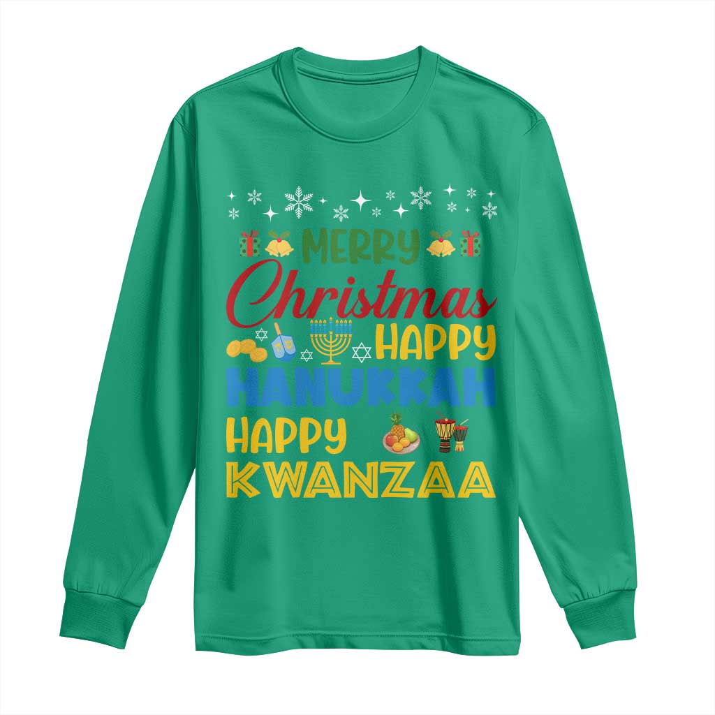 Celebrate All Holidays Merry Christmas Hanukkah Kwanzaa Gift Long Sleeve Shirt - Wonder Print Shop
