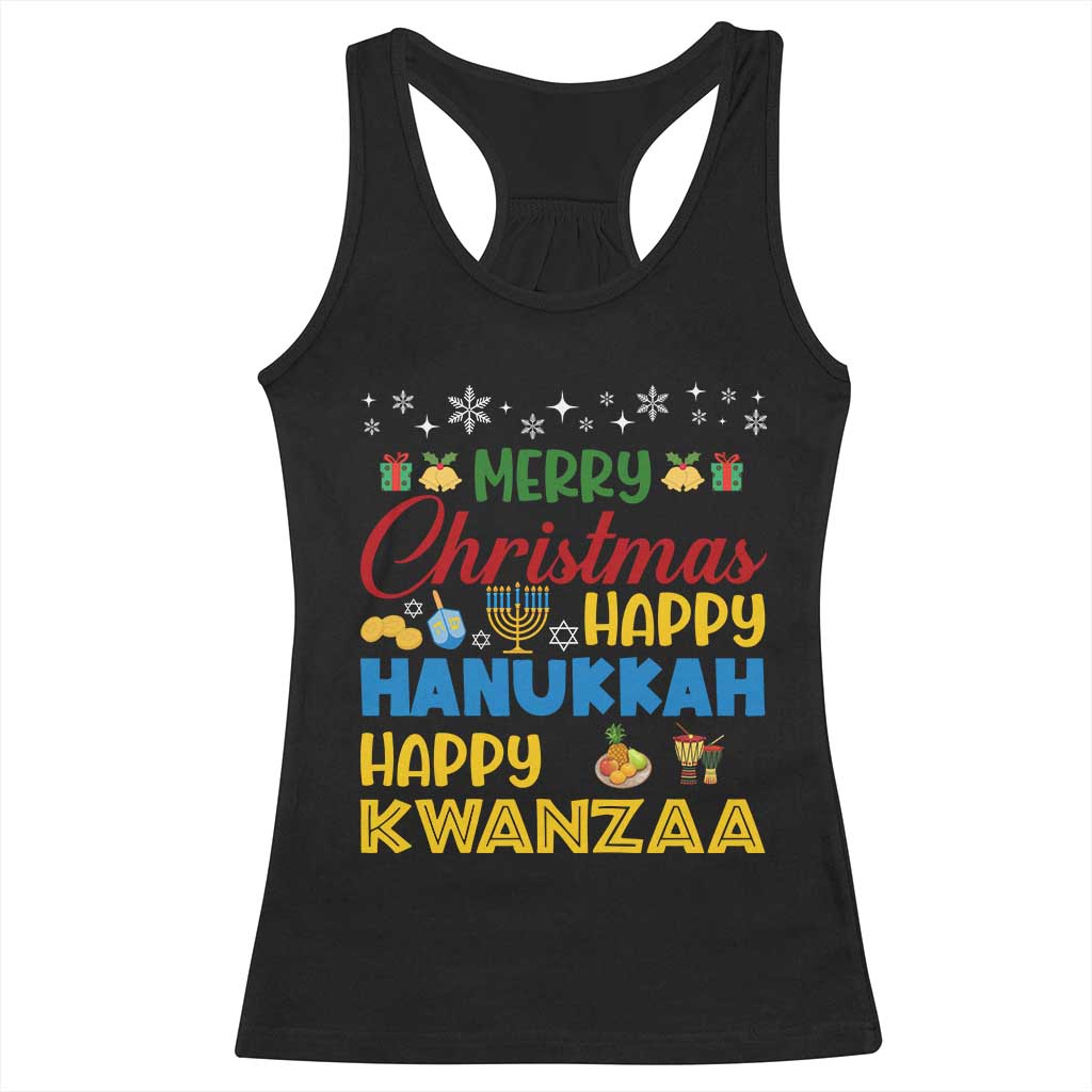 Celebrate All Holidays Merry Christmas Hanukkah Kwanzaa Gift Racerback Tank Top - Wonder Print Shop