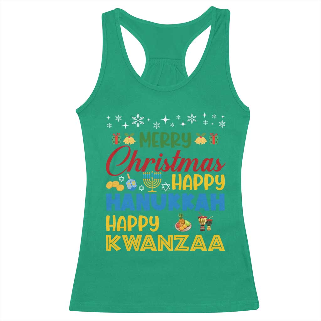 Celebrate All Holidays Merry Christmas Hanukkah Kwanzaa Gift Racerback Tank Top - Wonder Print Shop