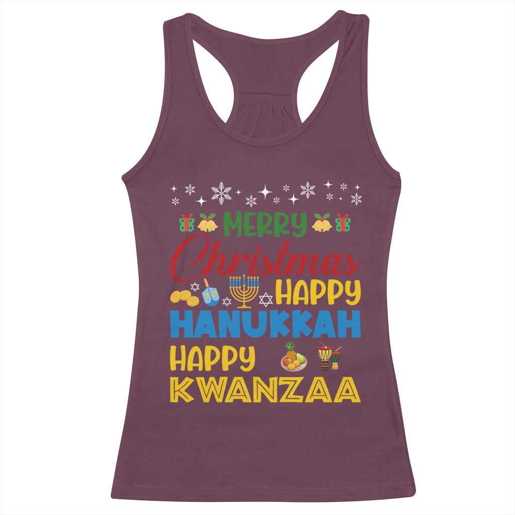 Celebrate All Holidays Merry Christmas Hanukkah Kwanzaa Gift Racerback Tank Top - Wonder Print Shop