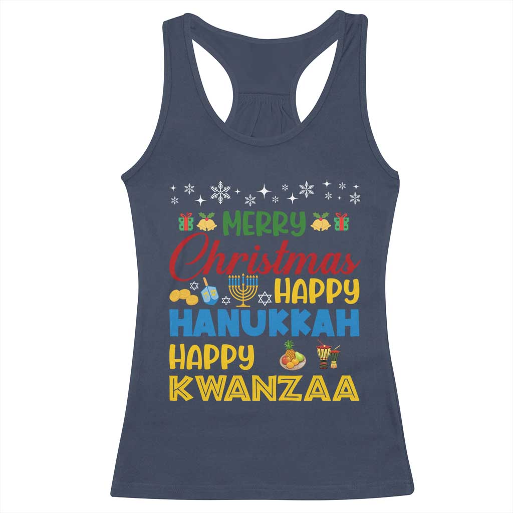 Celebrate All Holidays Merry Christmas Hanukkah Kwanzaa Gift Racerback Tank Top - Wonder Print Shop