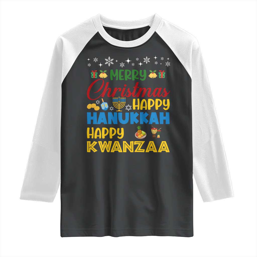 Celebrate All Holidays Merry Christmas Hanukkah Kwanzaa Gift Raglan Shirt - Wonder Print Shop