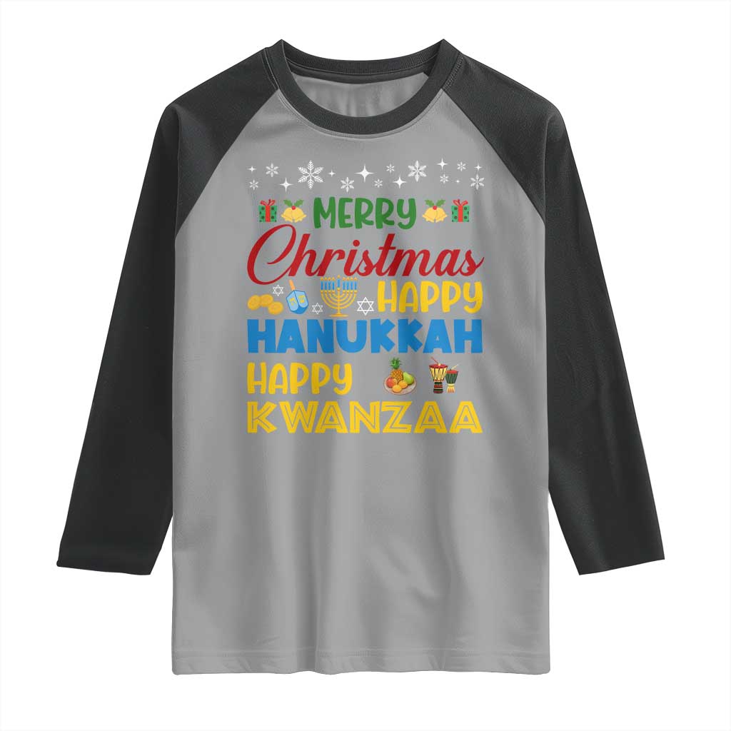 Celebrate All Holidays Merry Christmas Hanukkah Kwanzaa Gift Raglan Shirt - Wonder Print Shop