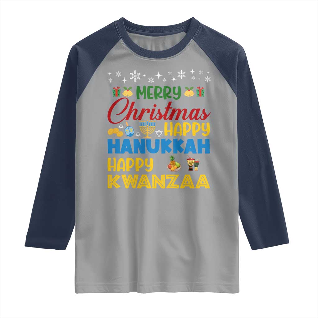 Celebrate All Holidays Merry Christmas Hanukkah Kwanzaa Gift Raglan Shirt - Wonder Print Shop