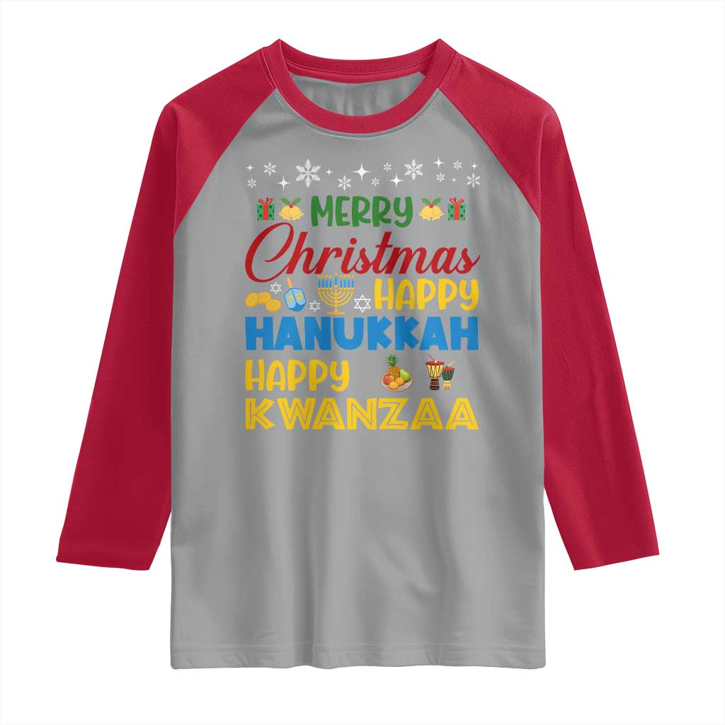 Celebrate All Holidays Merry Christmas Hanukkah Kwanzaa Gift Raglan Shirt - Wonder Print Shop