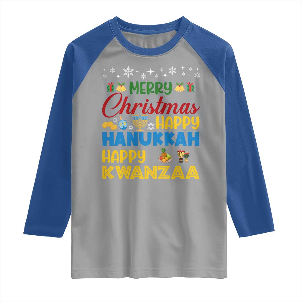 Celebrate All Holidays Merry Christmas Hanukkah Kwanzaa Gift Raglan Shirt - Wonder Print Shop