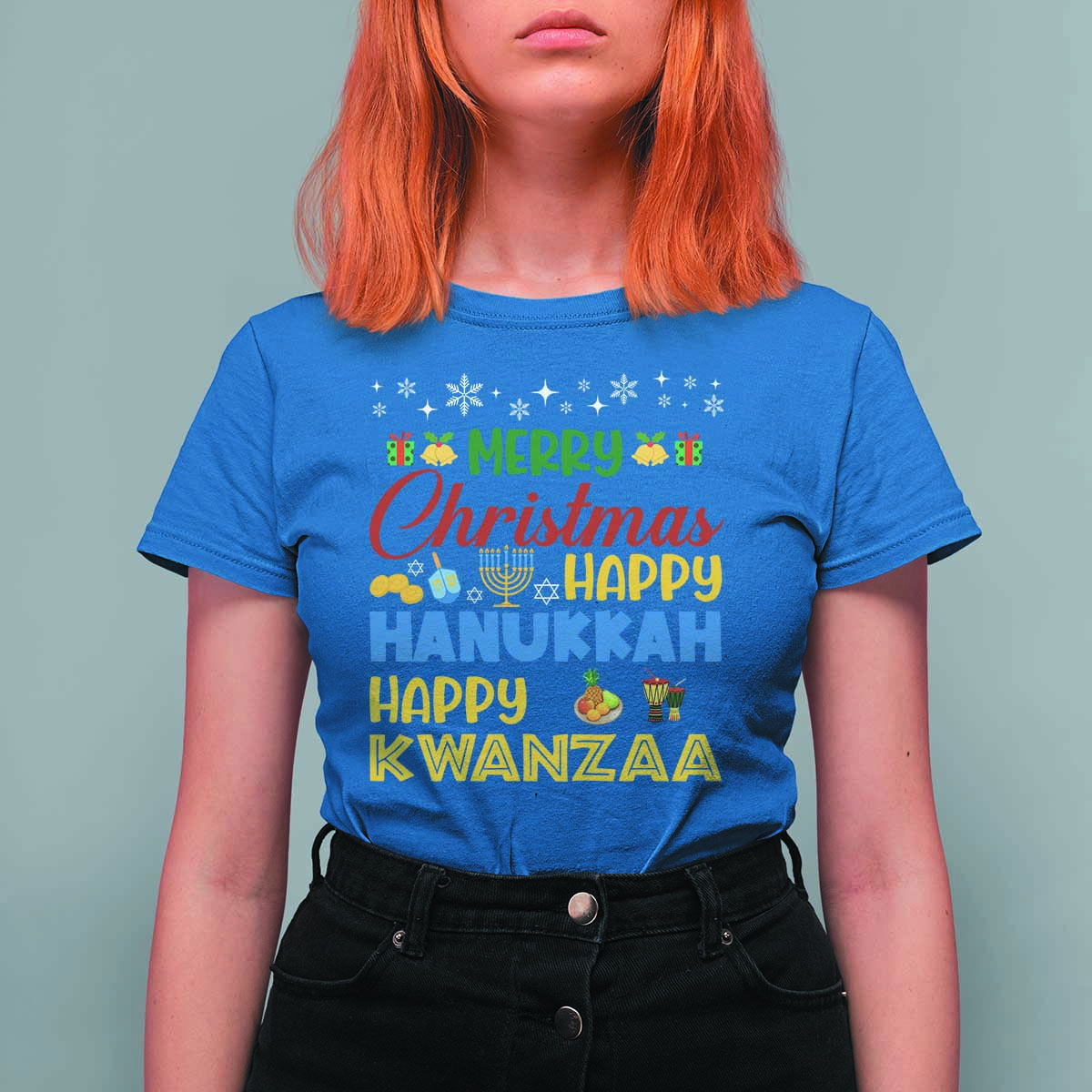 Celebrate All Holidays Merry Christmas Hanukkah Kwanzaa Gift T Shirt For Women - Wonder Print Shop