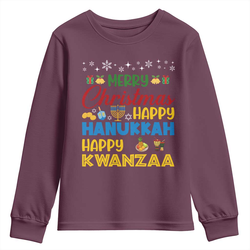 Celebrate All Holidays Merry Christmas Hanukkah Kwanzaa Gift Youth Sweatshirt - Wonder Print Shop