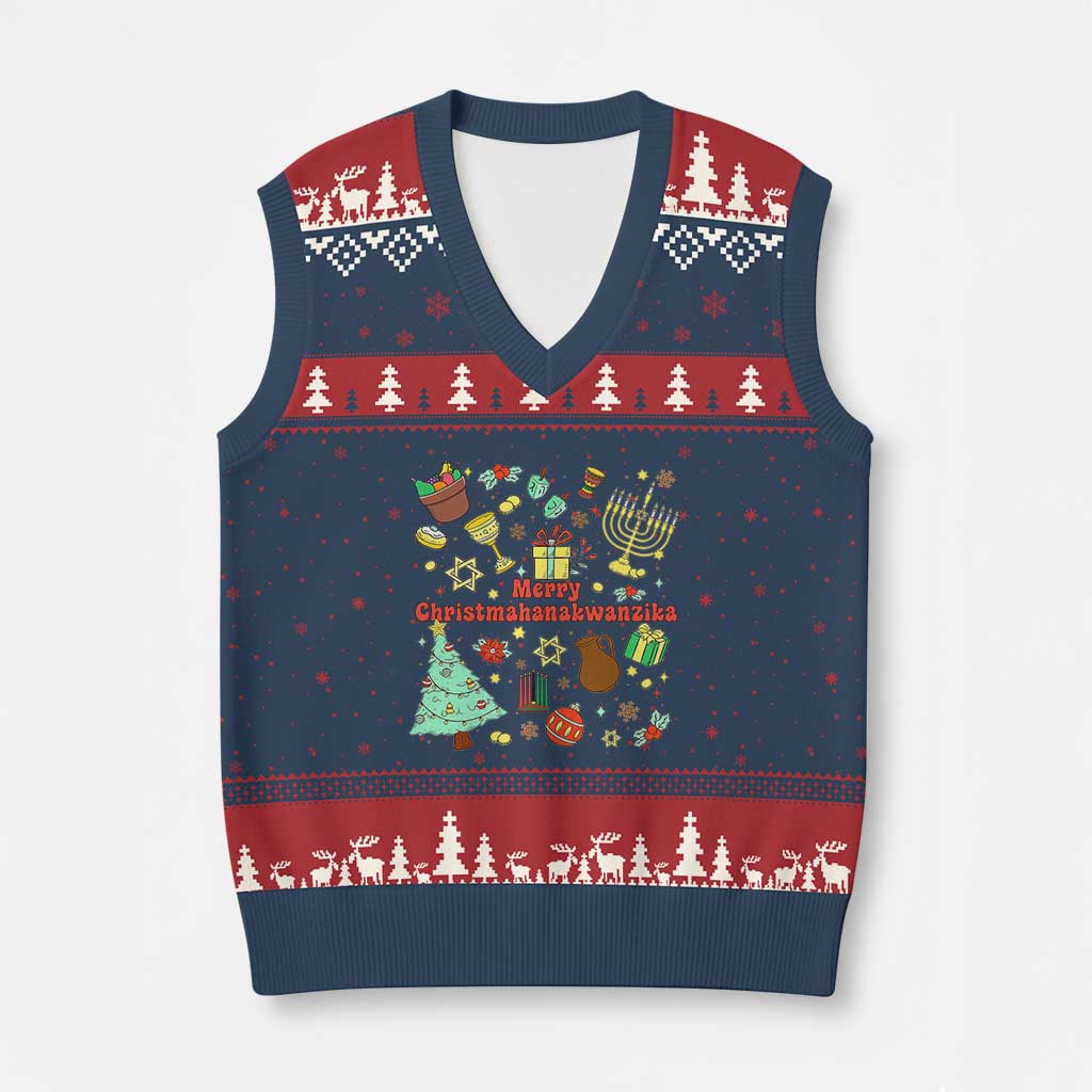 Merry Christmahanakwanzika V-Neck Knit Sweater Vest Funny Winter Holiday Gift - Wonder Print Shop
