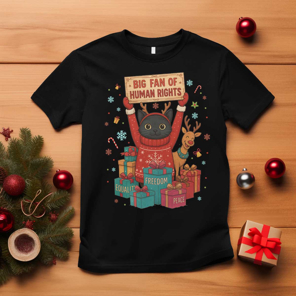 Cute Santa Cat Big Fan Of Human Rights T Shirt Christmas Supporters - Wonder Print Shop