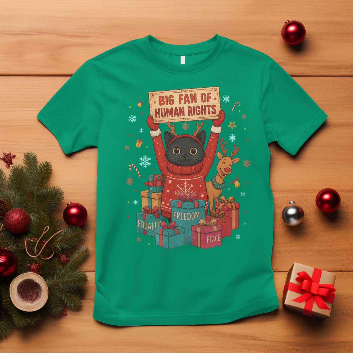 Cute Santa Cat Big Fan Of Human Rights T Shirt Christmas Supporters - Wonder Print Shop